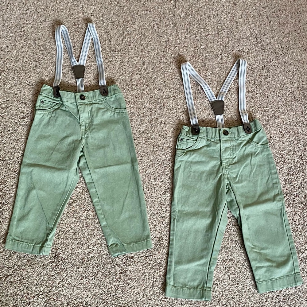 MATCHING Carter's Light Green Overalls with Striped Suspenders